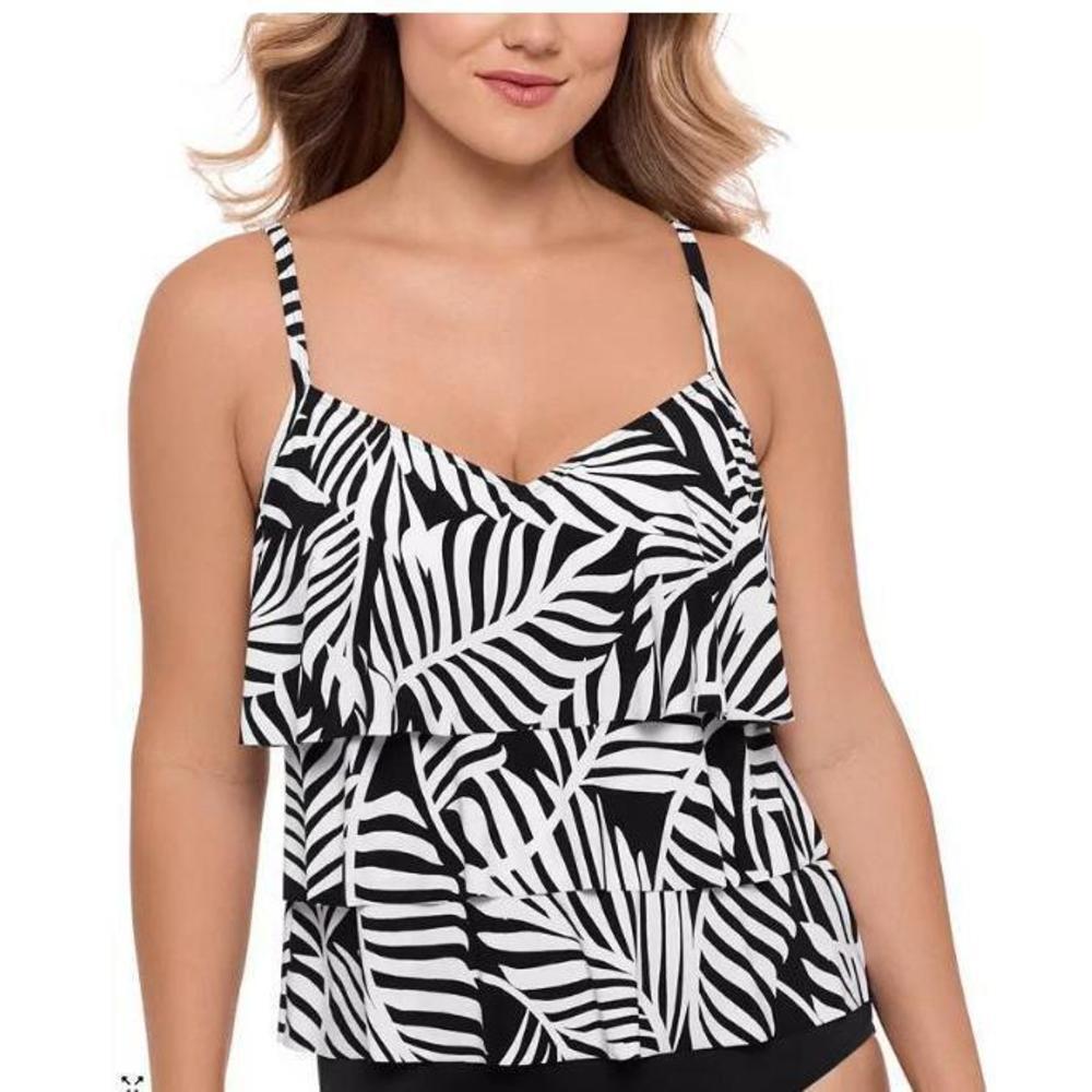 Swim Solutions Women's Black/White Ruffle V-Neck Tiered Tankini Top 12
